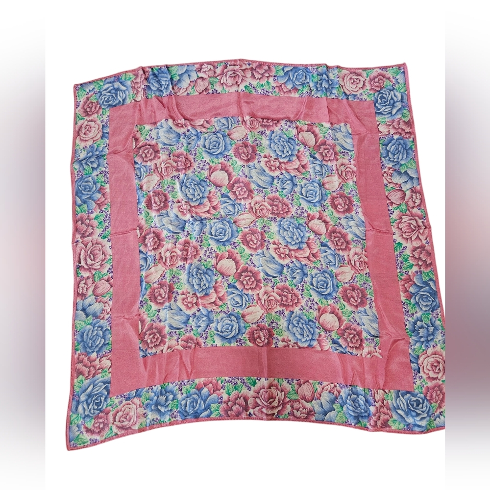 Floral Silk Scarf with Pink Border